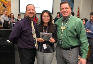 Mr. Bill Dolezal, Principal and Mr. Todd Wright, Vice-Principal (Sonoran Trails Middle School) with International Guest Teacher from China, Wang Zhen (Annie), now teaching 7th grade Mandarin Chinese as a daily, core class.