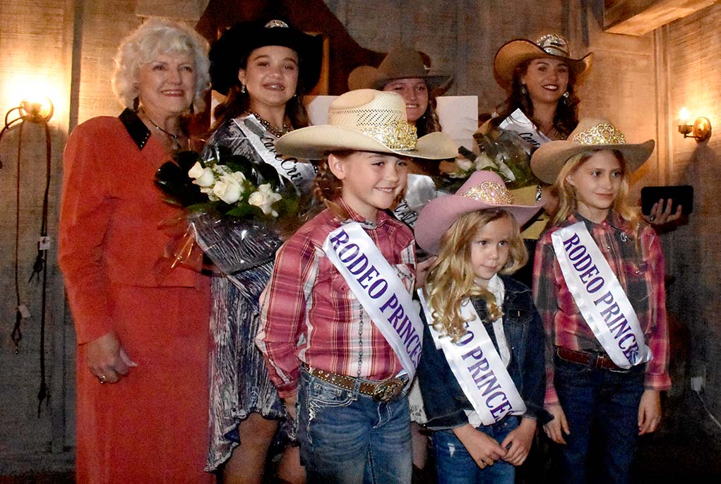 (back l-r) Rodeo Queen Committee Chairperson Carol Grencevicz, 2018 Rodeo Teen Lily Alserver, 2017 Queen Samantha Erdmann, 2018 Queen Megan Alserver (front l-r) Three of the Rodeo Princesses who were in attendance, Peyton Griffin, Mackenzie Alley, Ava Van Lohmann